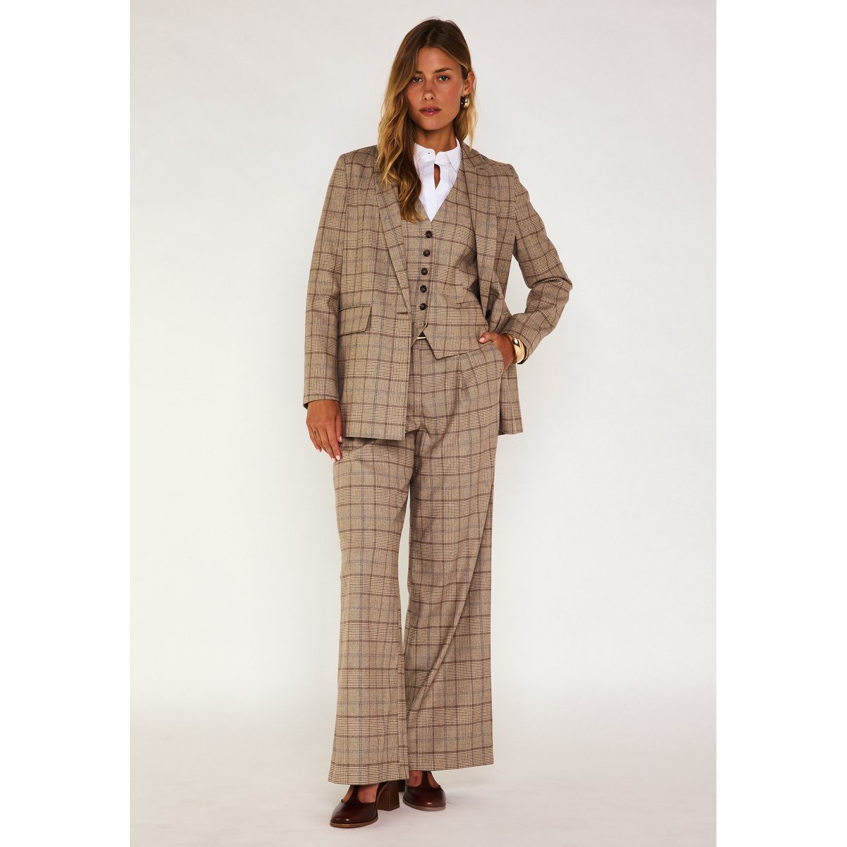 Gilet sans manches motif Prince de Galles SIMEON camel clair, Maison 123