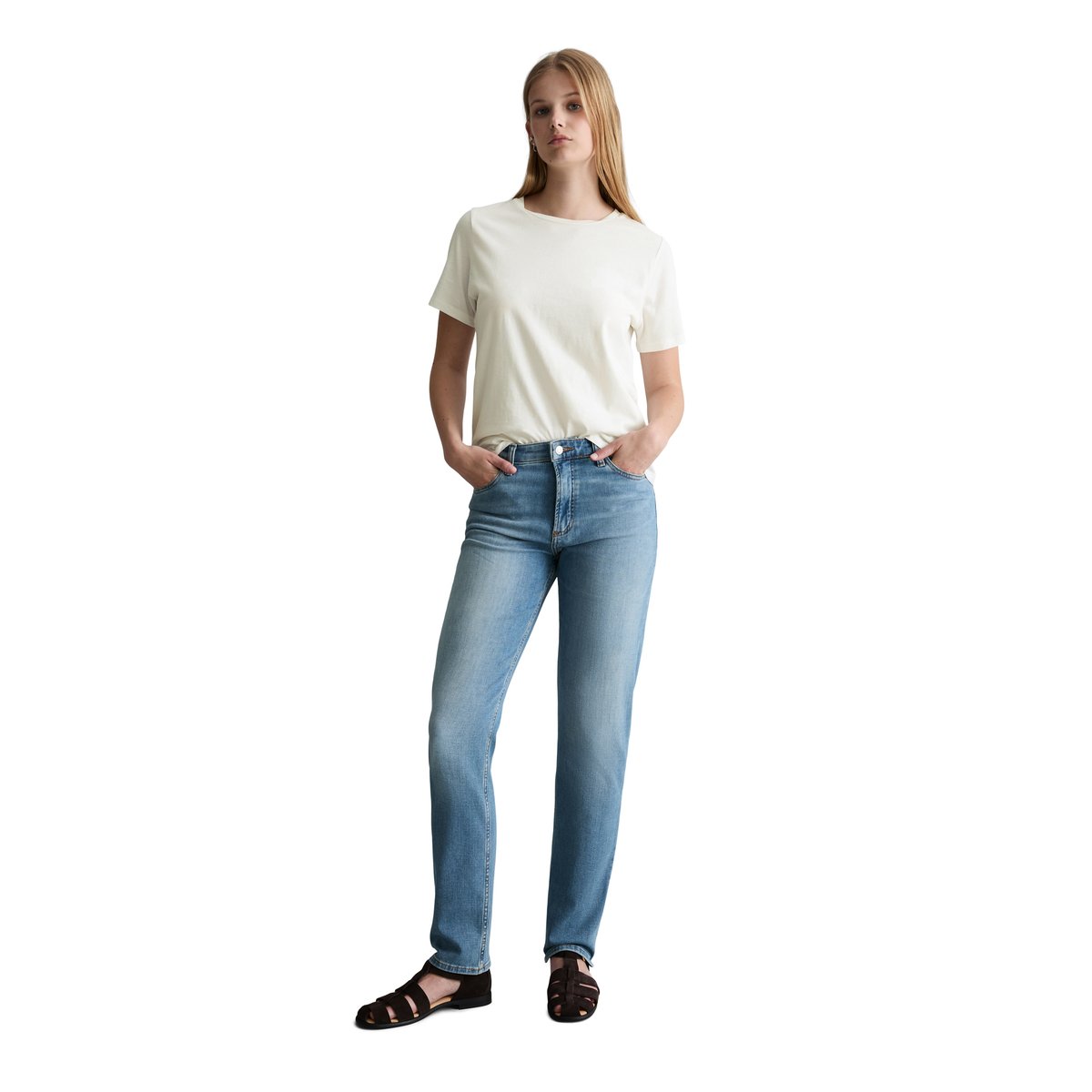 Jeans modèle Olina droit en coton stretch de haute qualité bleu clair, MARC O’POLO DENIM