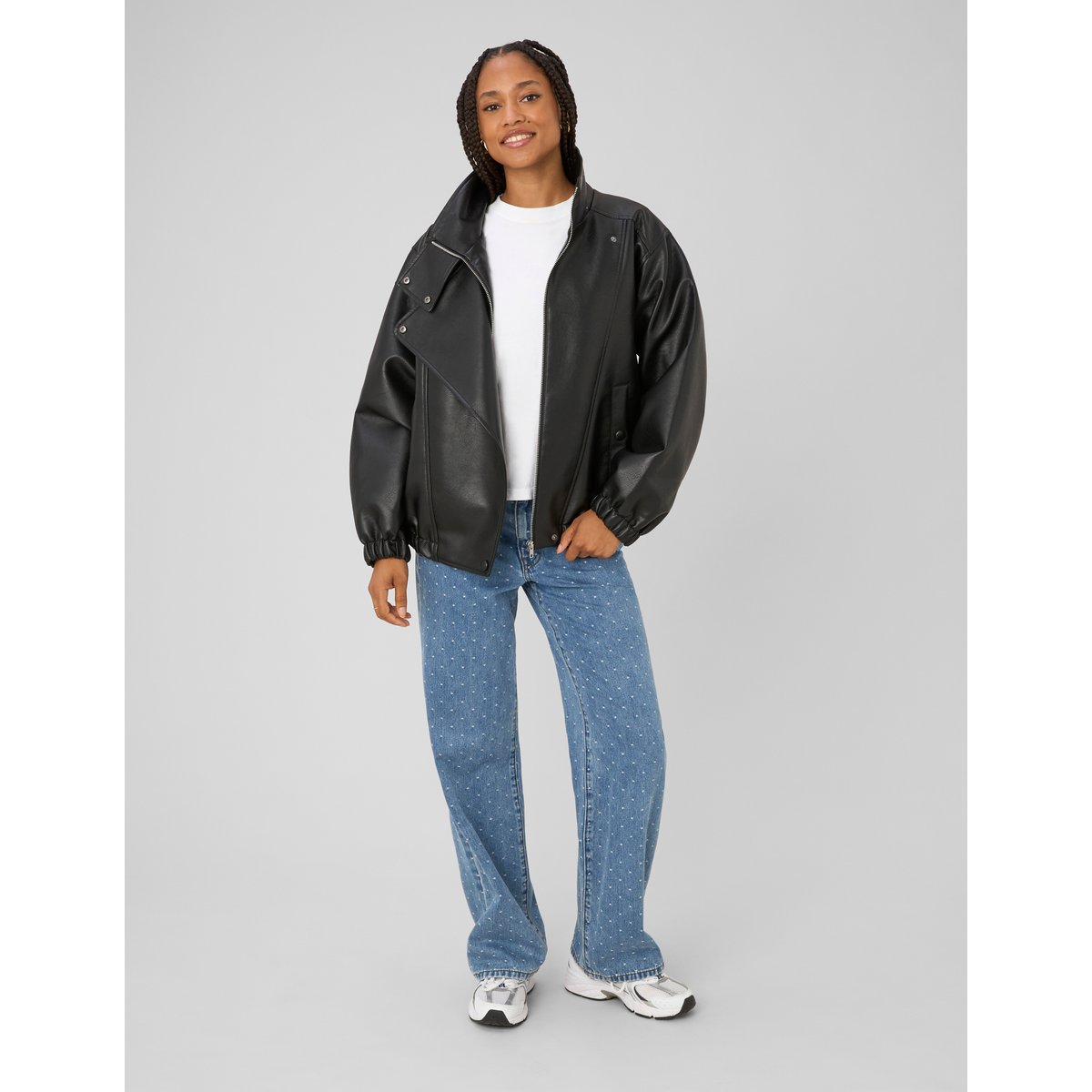 Jean straight brodé pois bleu moyen, BZB