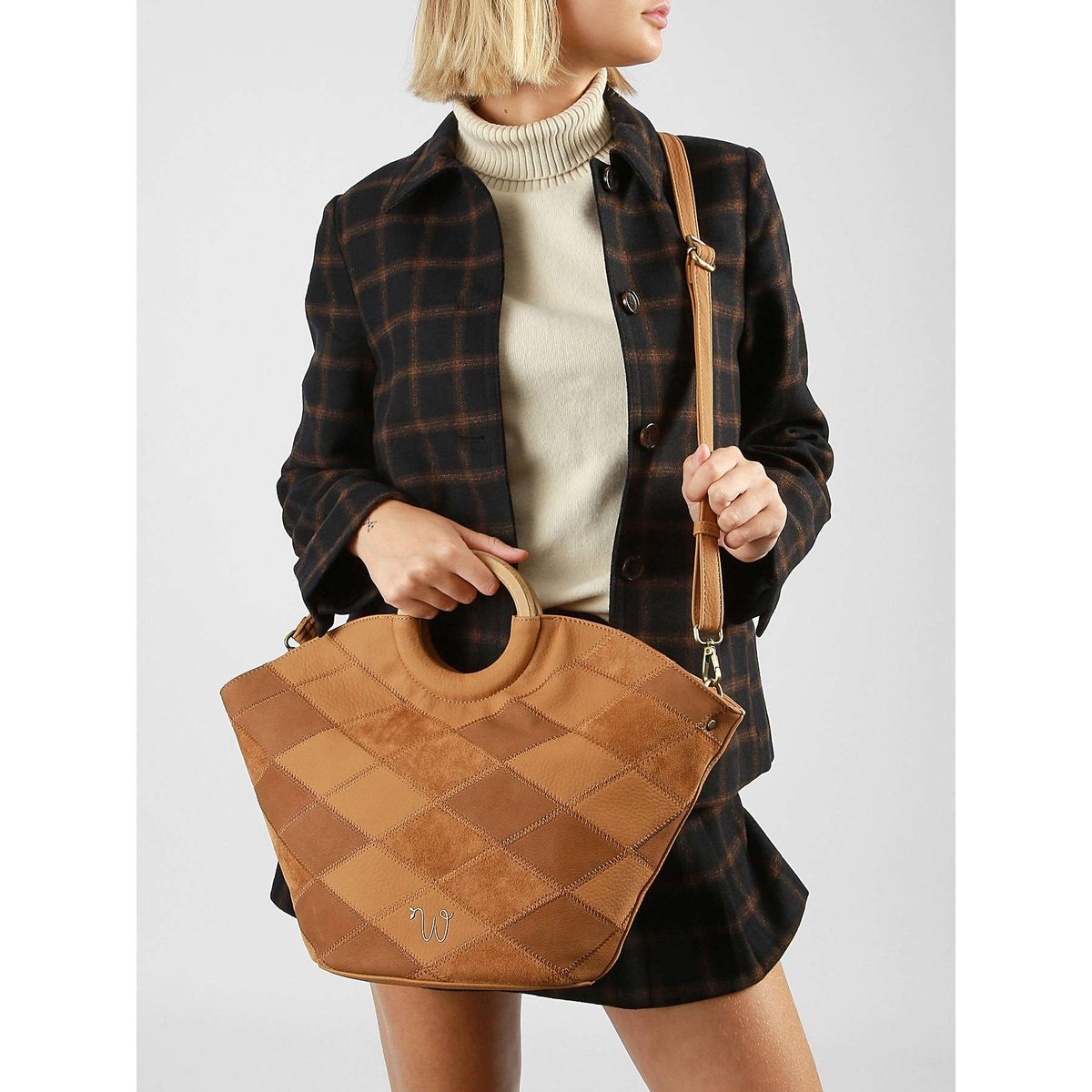 Sac porté main Neflier patchwork camel, WOOMEN