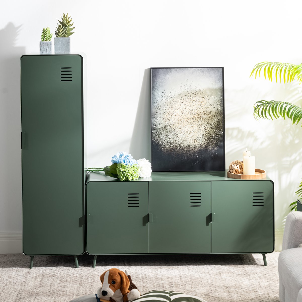 Armoire de rangement avec 3 portes et 2 couches en métal industriel, WALNUTCABINET vert foncé, MEUBLES COSY