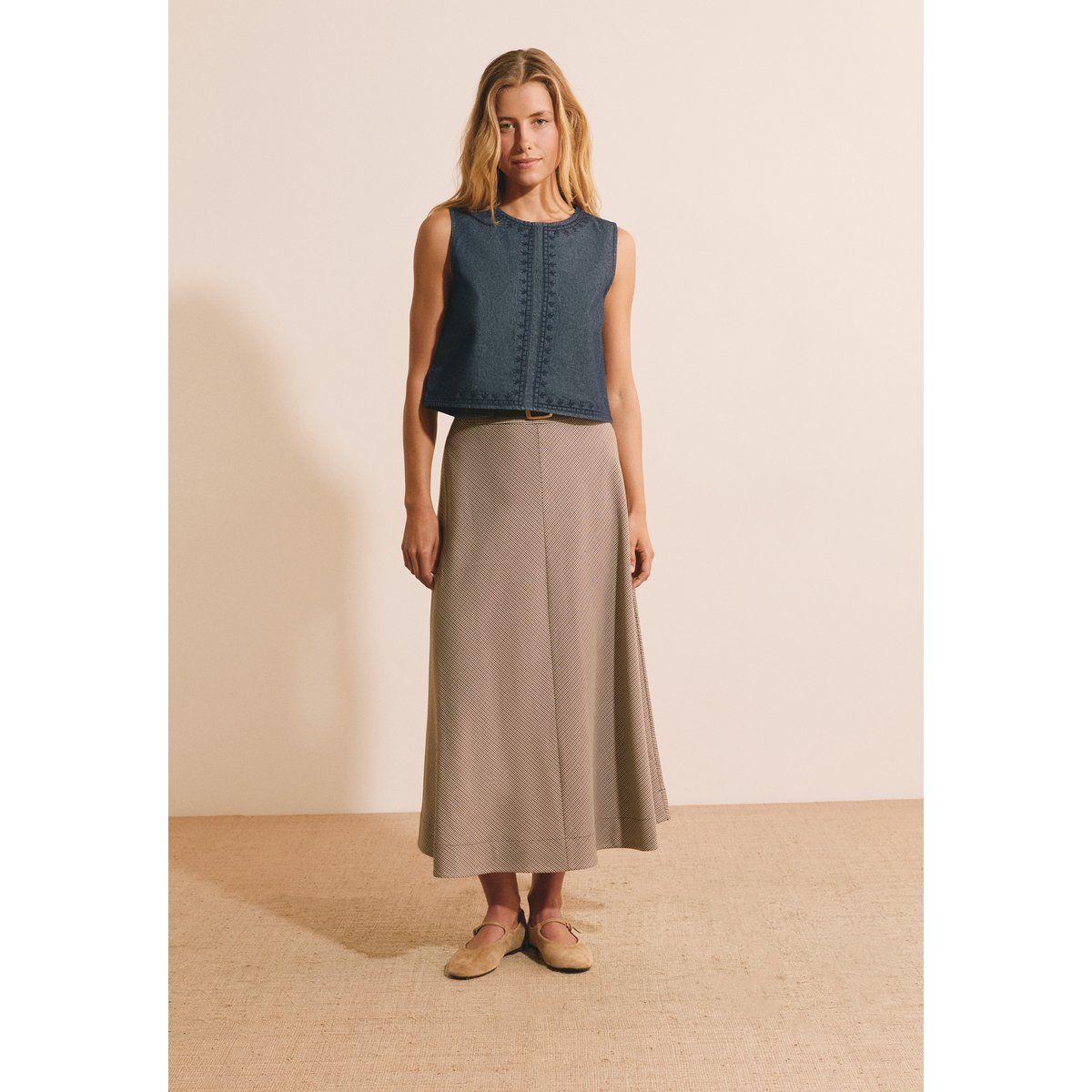 Top col V en coton BRUNO BROD jean denim, ETAM