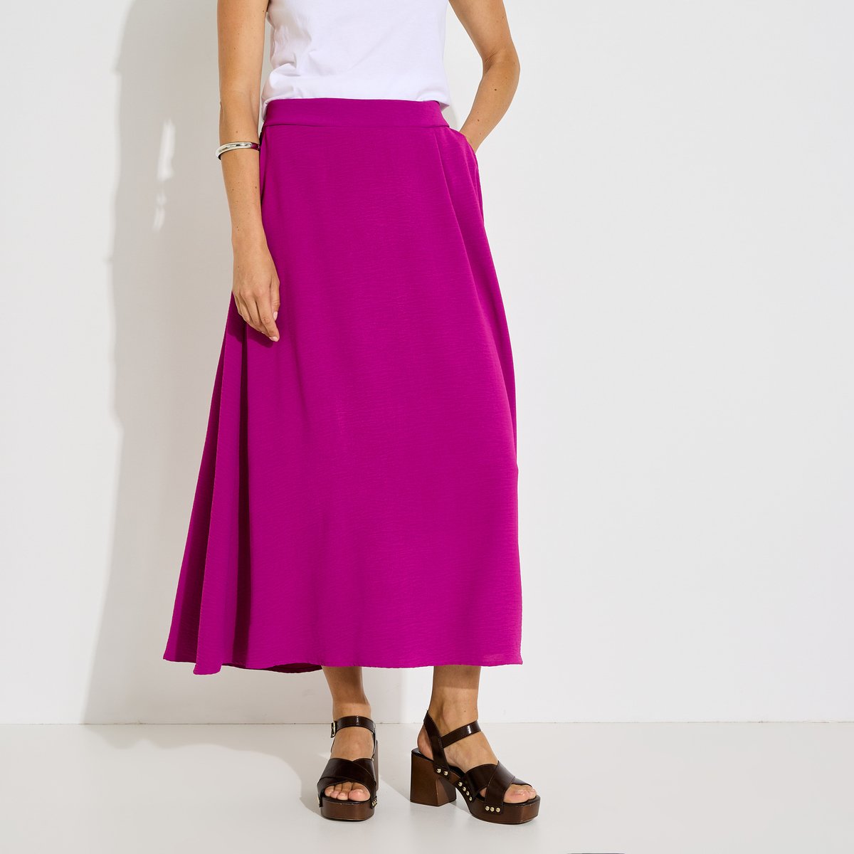 Jupe longue unie avec poches rose, GRAIN DE MALICE