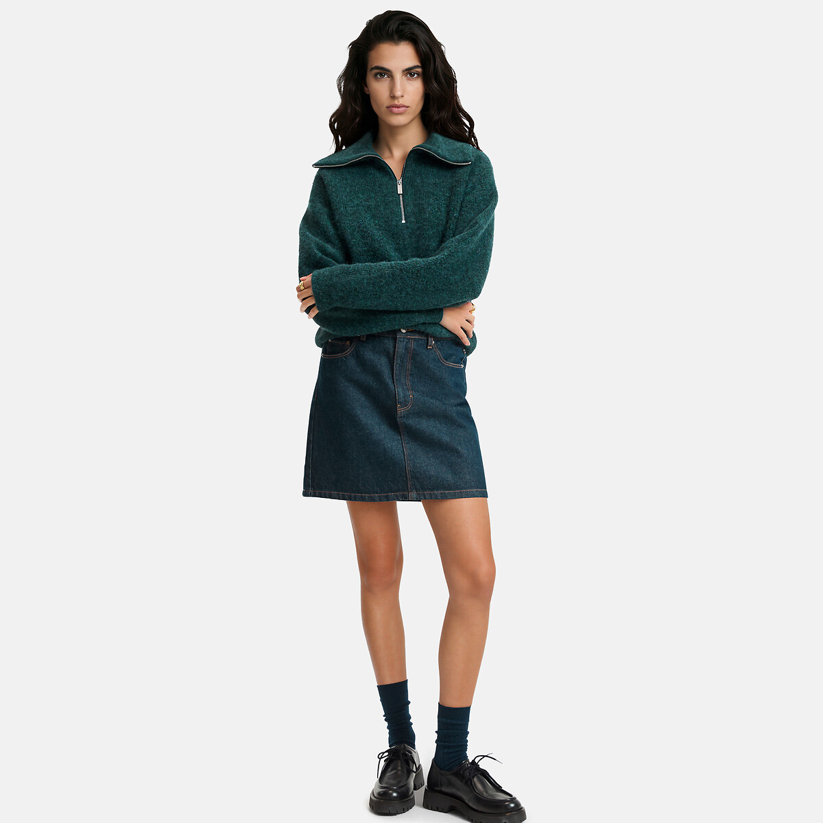 Camisola com gola subida com fecho verde-esmeralda, LA REDOUTE COLLECTIONS