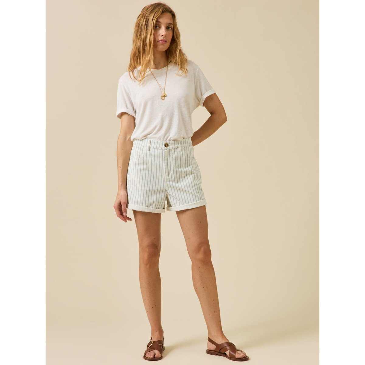 Short coton rayé rayure bleu/ecru, CYRILLUS