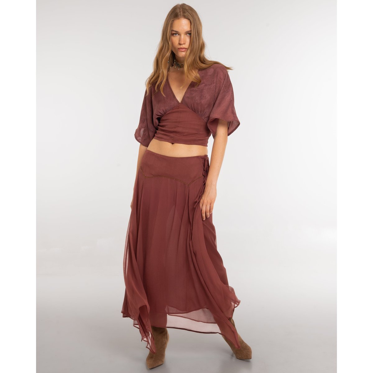 Blouse avec ceinture et manches fluides beige, THE-ARE