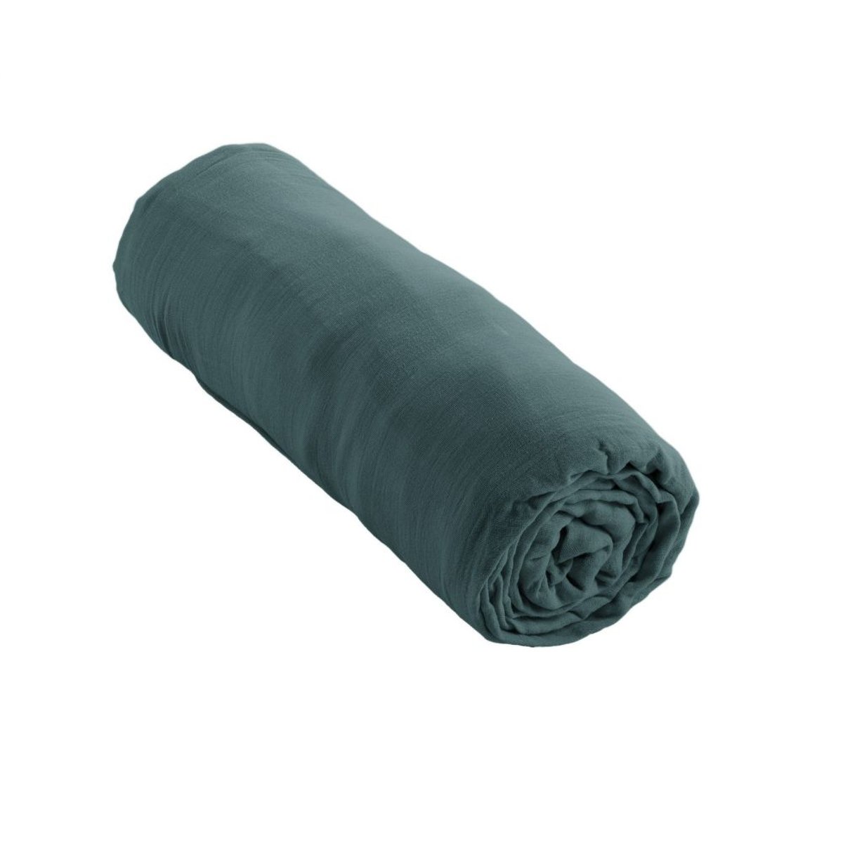 Drap housse en double gaze de coton avec bonnet 30cm Terra bleu, EDEN