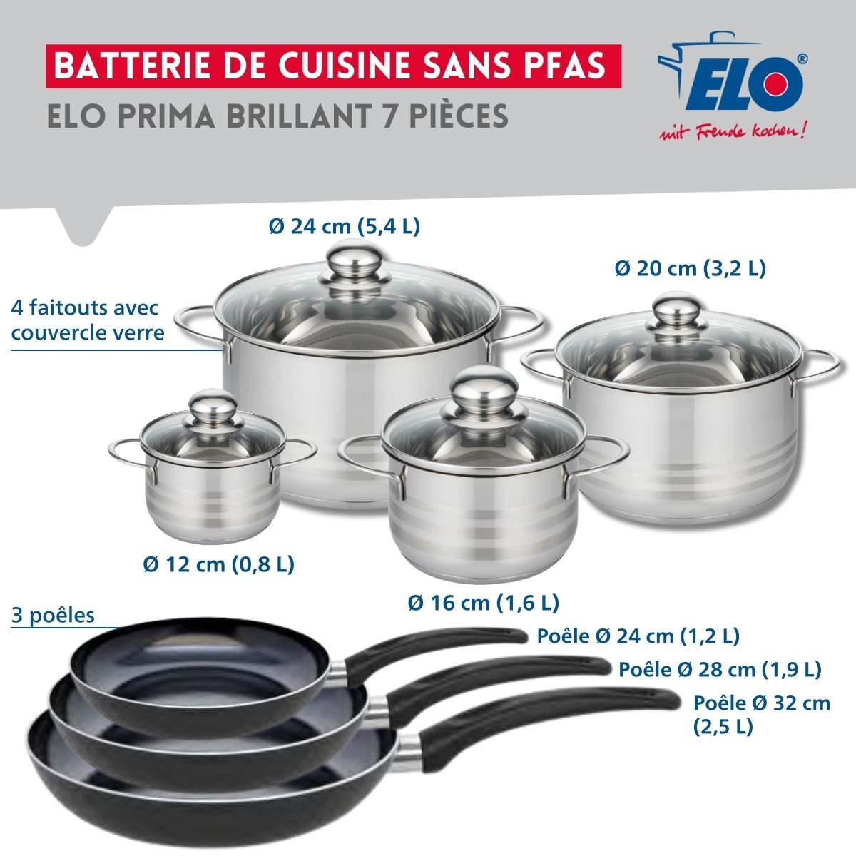 3 poêles 24/28/32cm + 4 faitouts 12/16/20/24cm PRIMA BRILLANT noir, ELO