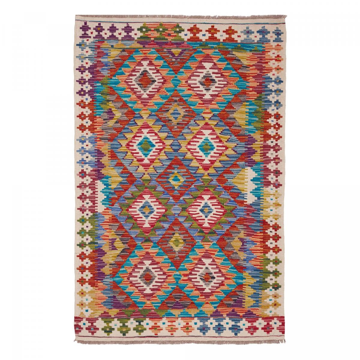 Tapis kilim à motif géométrique, tissé plat en laine, KILIM 27 multicolore, bleu, rouge, UN AMOUR DE TAPIS
