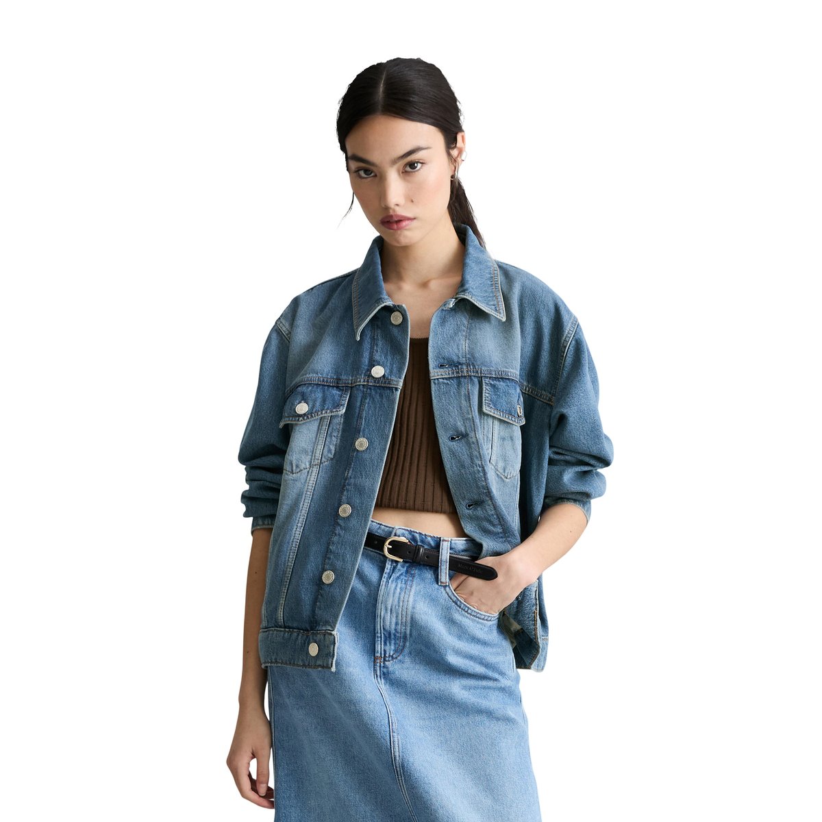 Veste en jean oversize en doux mélange de lyocell et de coton bio bleu moyen, MARC O’POLO DENIM
