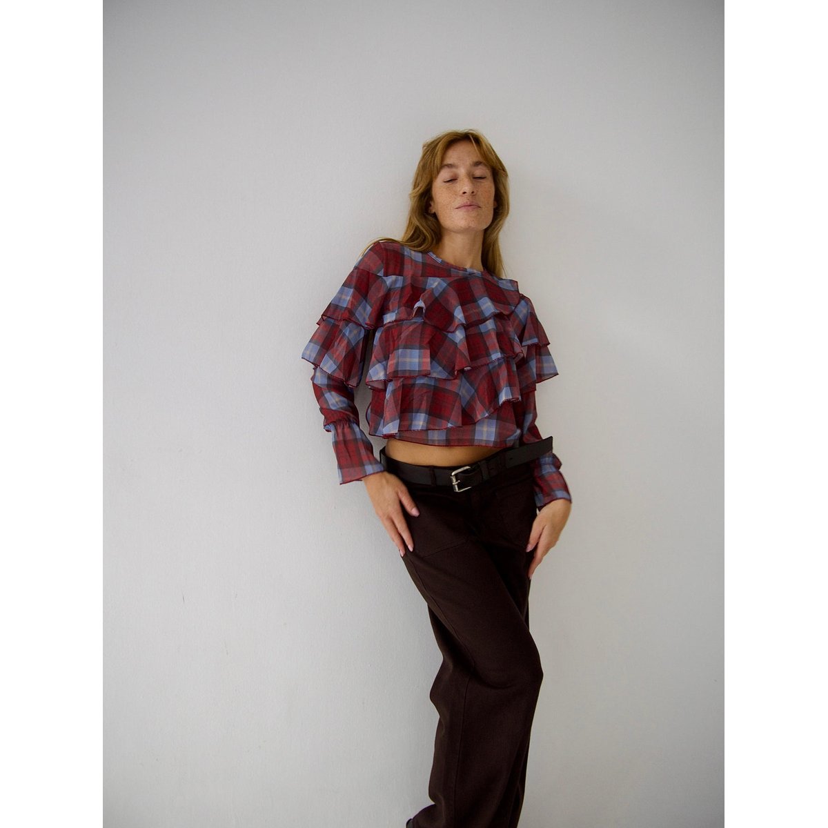 Blouse losanges à volants LÉA bordeaux / bleu, MINDTRAVELER
