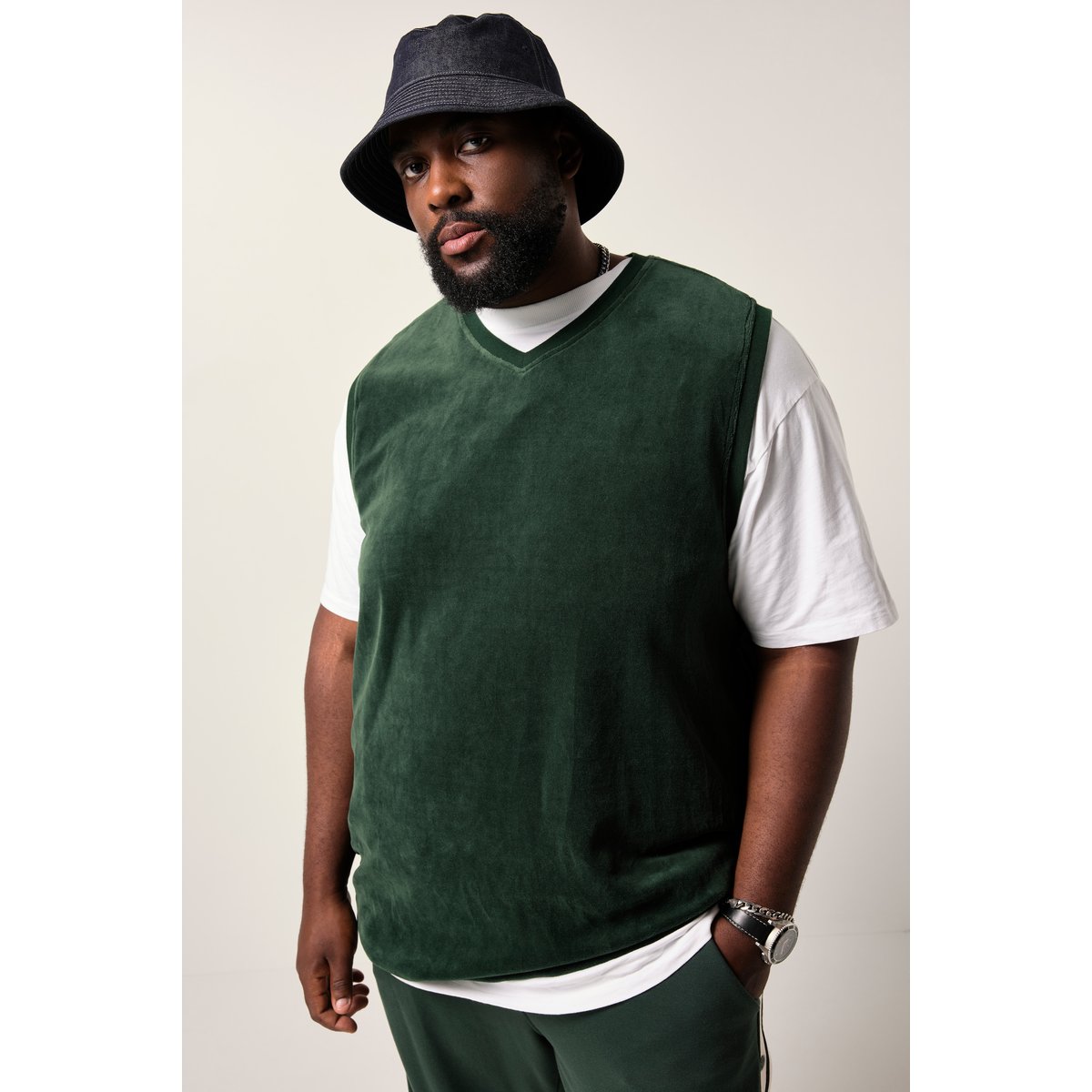 Pull sans manches, velours, encolure V vert foncé, STHUGE