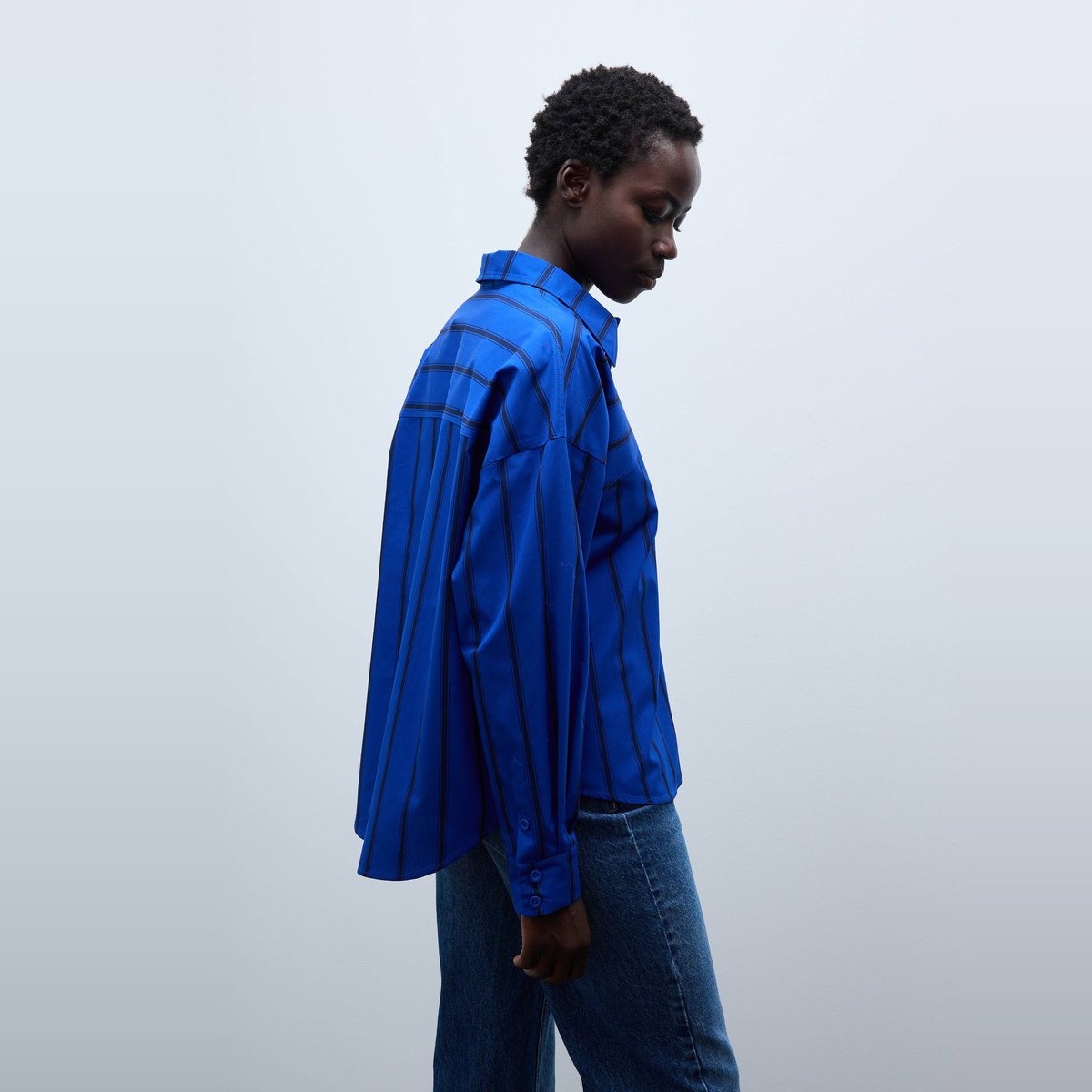 Chemise manches longues rayée en coton BIO GOTS bleu roi, MONOPRIX
