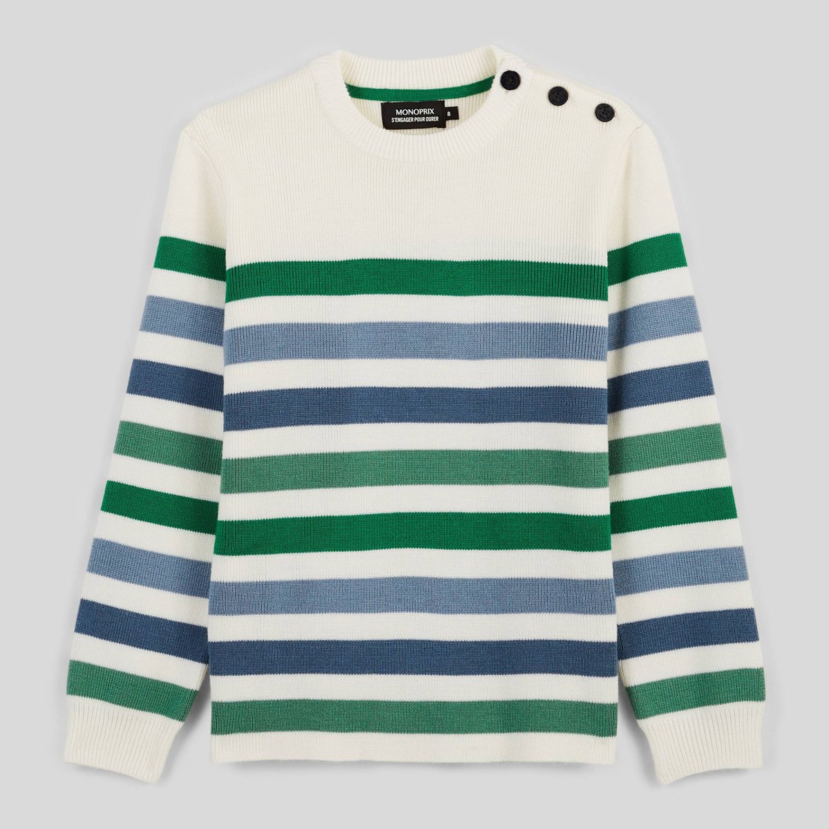 Pull marinière avec boutons sur l'épaule en laine fern, MONOPRIX