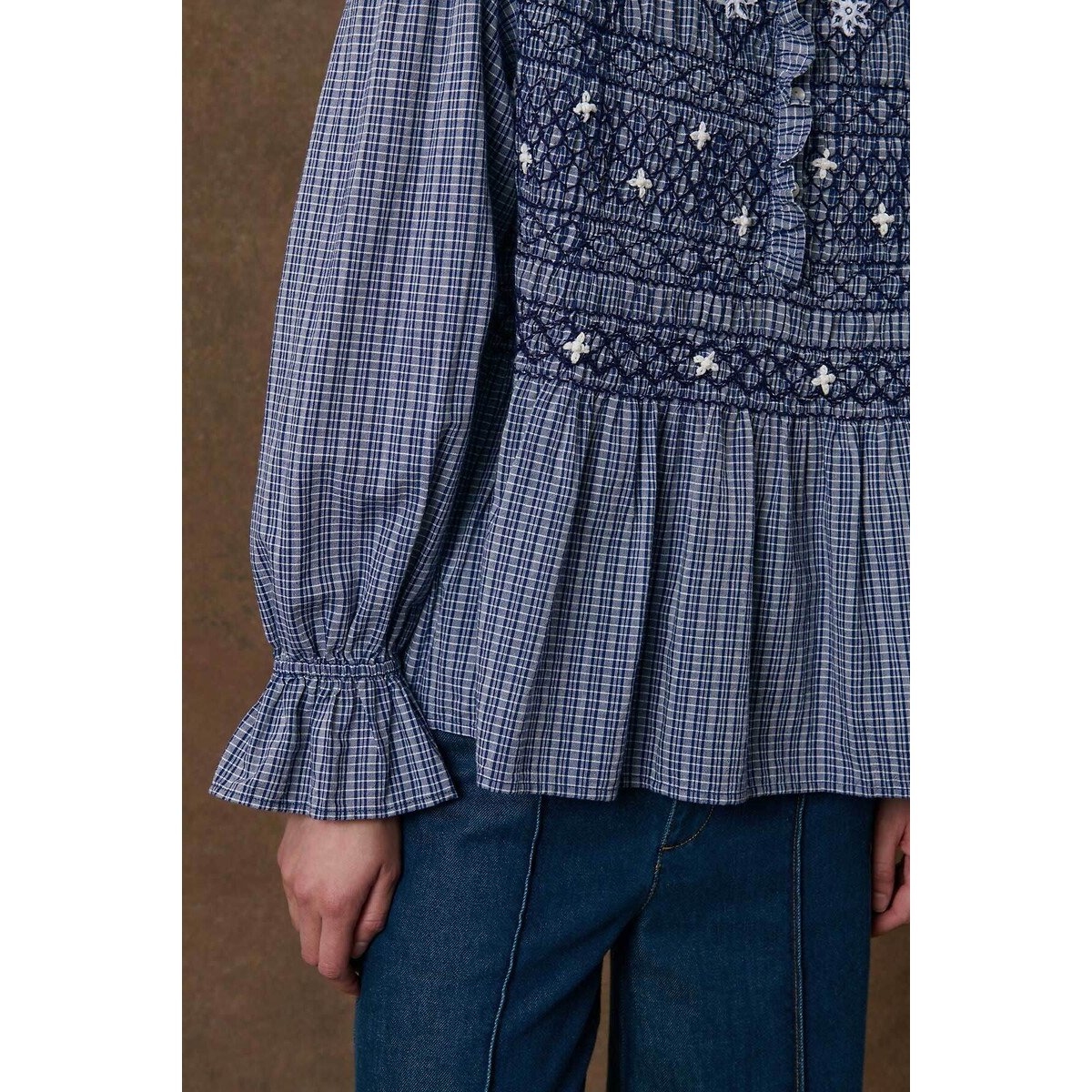Blouse à carreaux et smocks col rond, ILEANA indigo, LOUISE MISHA