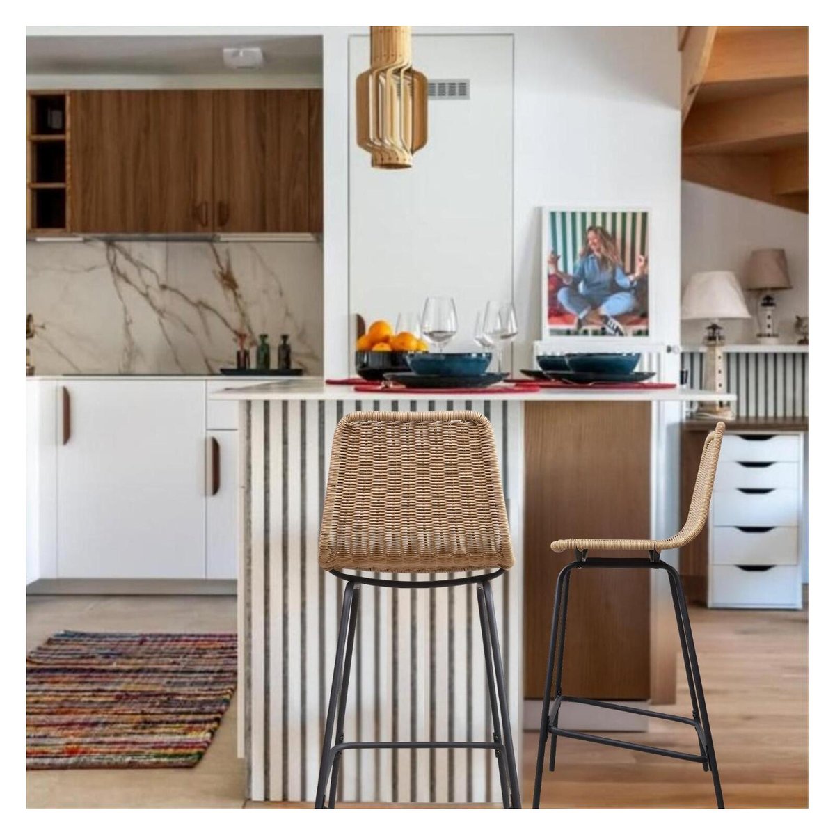 Lot de tabourets de bar et d'ilot en métal avec assise en rotin 65cm KUTA|Lot de 2 | Lot de 2 naturel, MOB IN