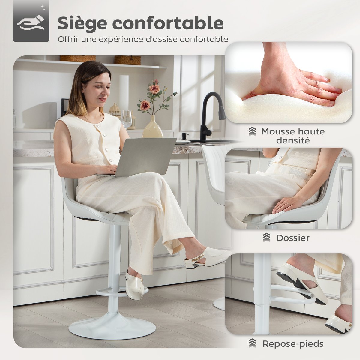 Tabouret de bar Polyuréthane Blanc blanc, HOMCOM