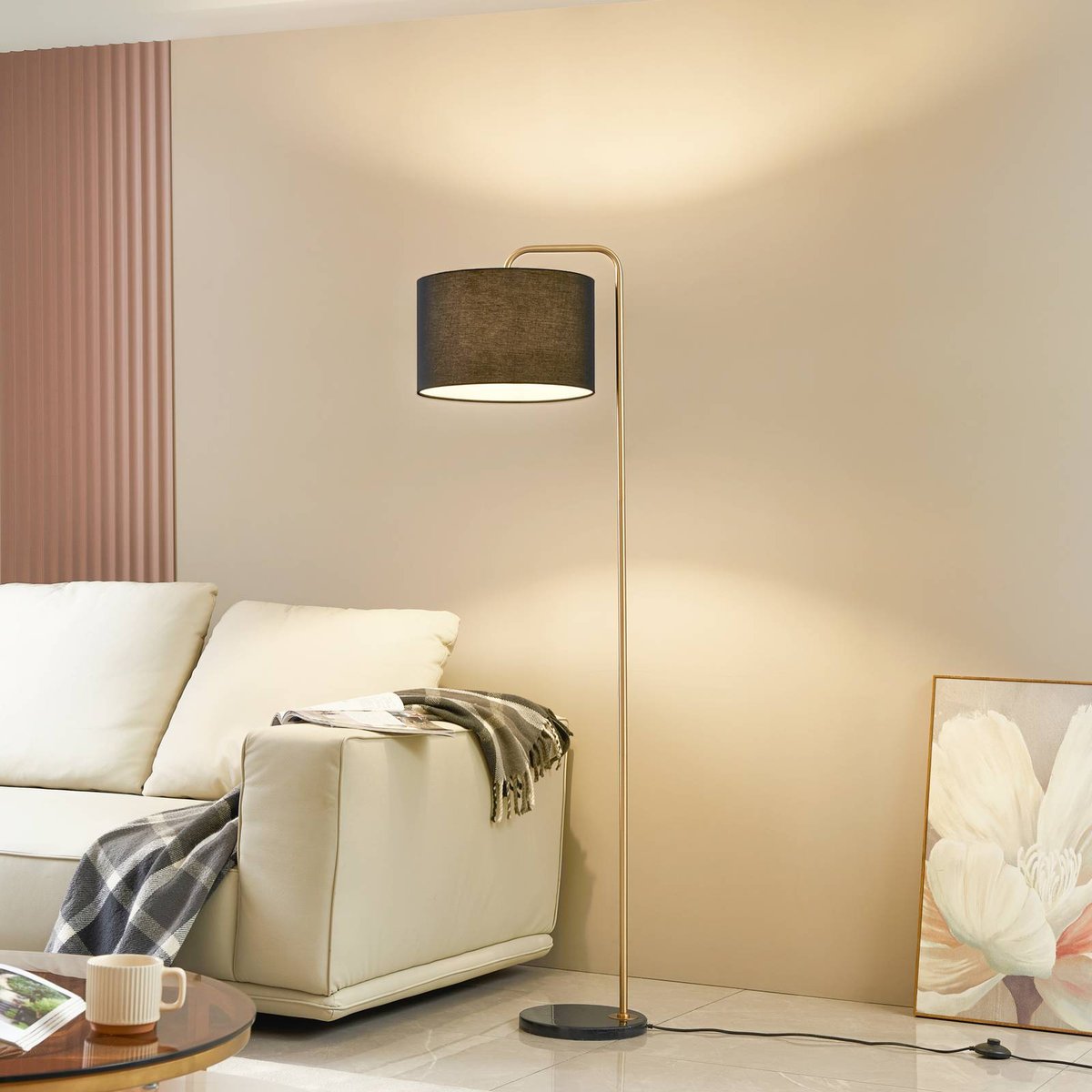 Lampadaire en textile moderne, Hillary noir, or, LINDBY