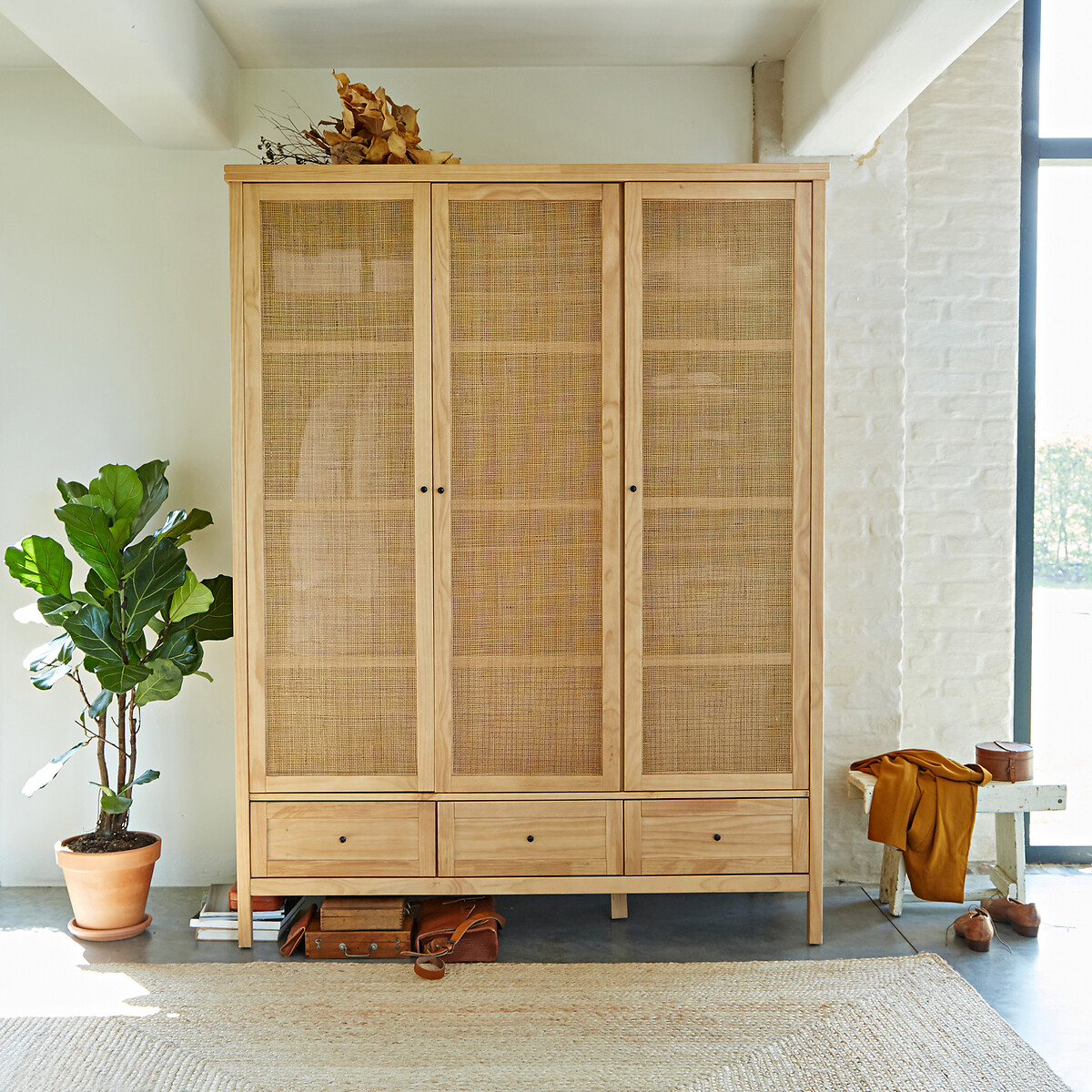 Armoire 3 portes pin massif et cannage, Gabin naturel, LA REDOUTE INTERIEURS