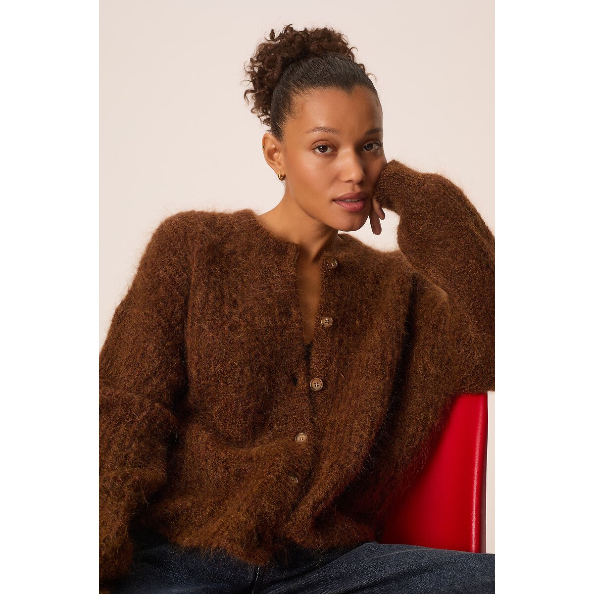 Strickjacke mit Rundhalsausschnitt aus Mohair-Mischgewebe, ALMA cognac, DES PETITS HAUTS