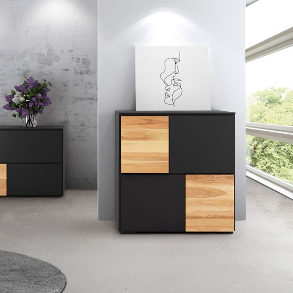 Meuble haut 4 portes chêne naturel et laqué anthracite, ZAGO
