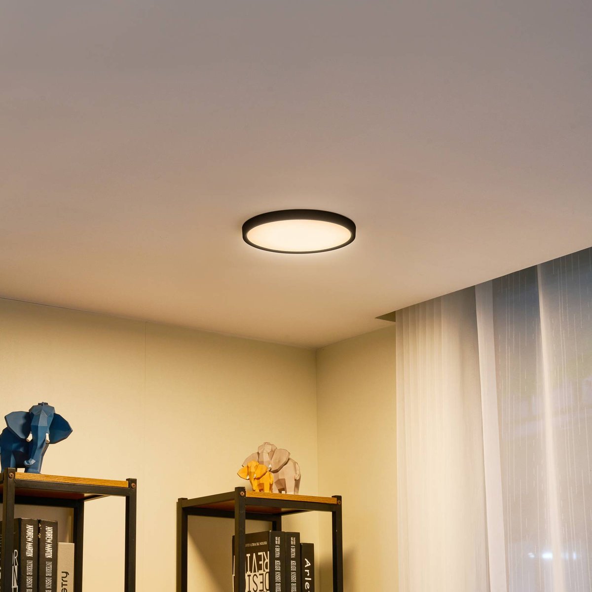 Plafonnier moderneLED, Pravin noir mat, blanc, LINDBY