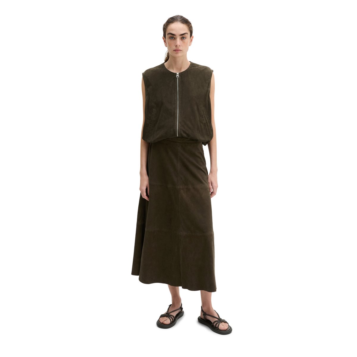 Jupe en cuir A-Shape en cuir de chèvre velours doux marron foncé, MARC O'POLO
