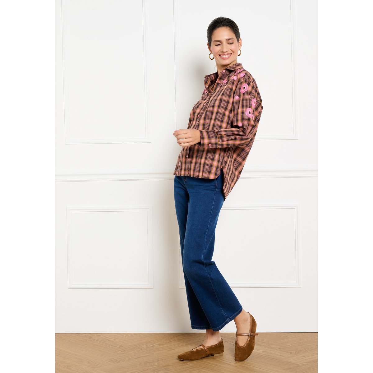 Chemise à carreaux brodée brun fonce chocolate, LOLALIZA