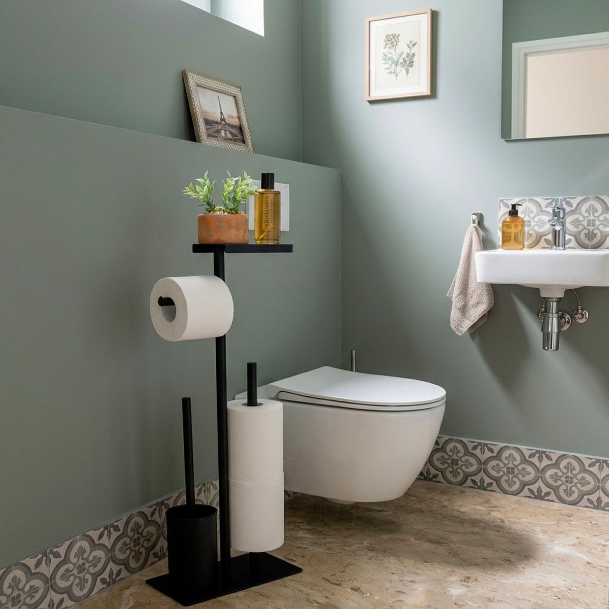 Dérouleur papier toilette avec brosse wc et réserve métal noir 26x18x68cm noir, WADIGA