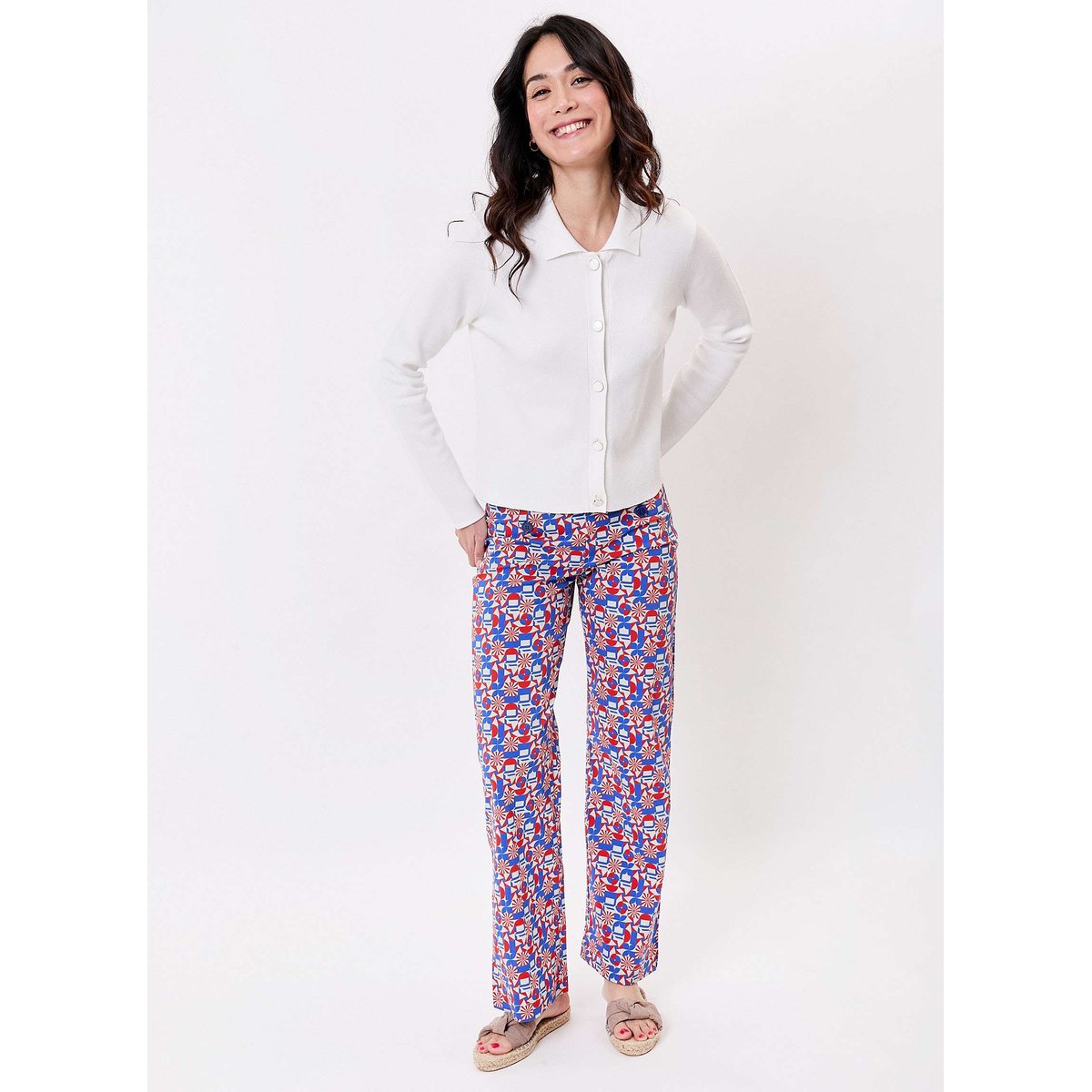 Gilet col polo maille coton droit GALET blanc ecru, PRINCESSE NOMADE
