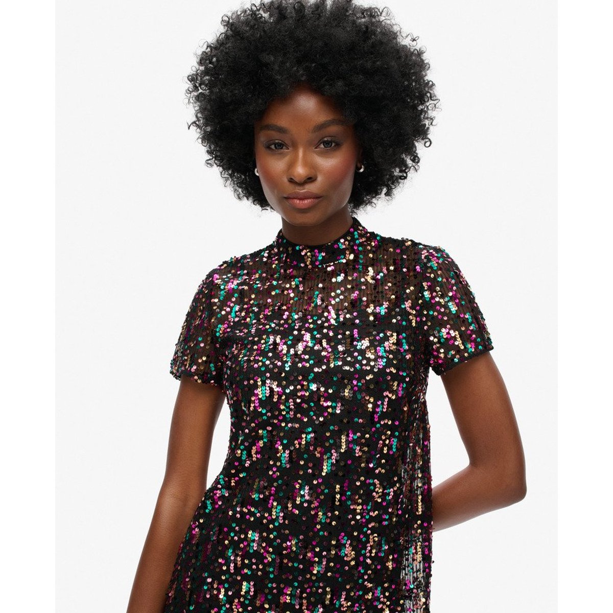 Robe t-shirt à sequins et col montant paillettes multicolores, SUPERDRY