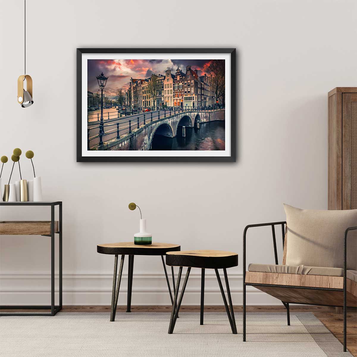 Affiche deco Amsterdam Canaux et ponts affiche + cadre en bois - noir, HEXOA