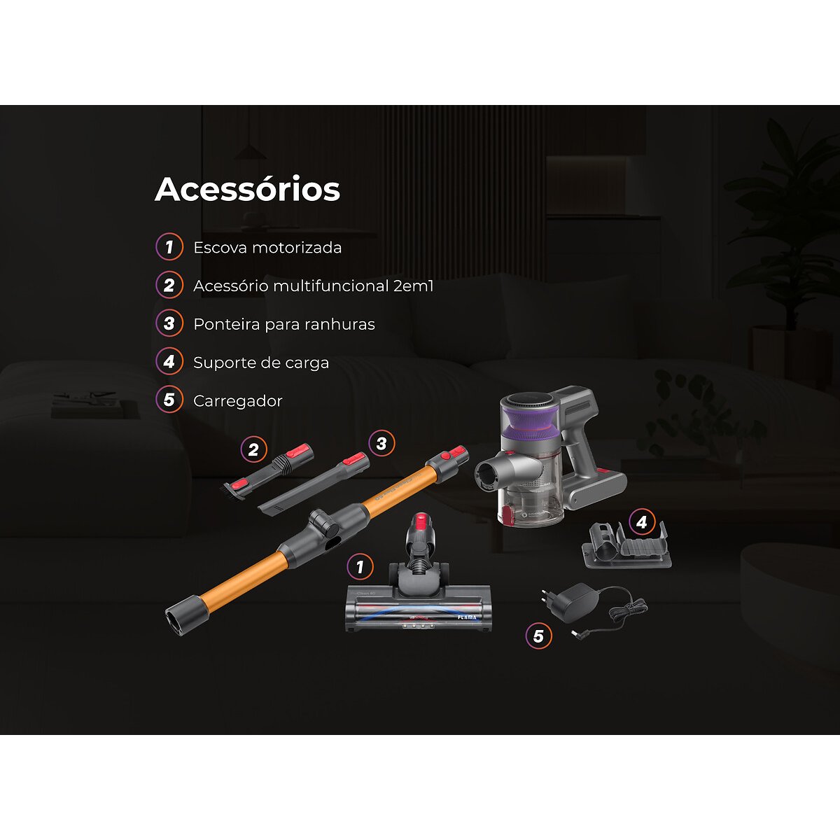 Aspirador Vertical Sem Fios ProClean Flex 50 1649FL, FLAMA laranja, FLAMA