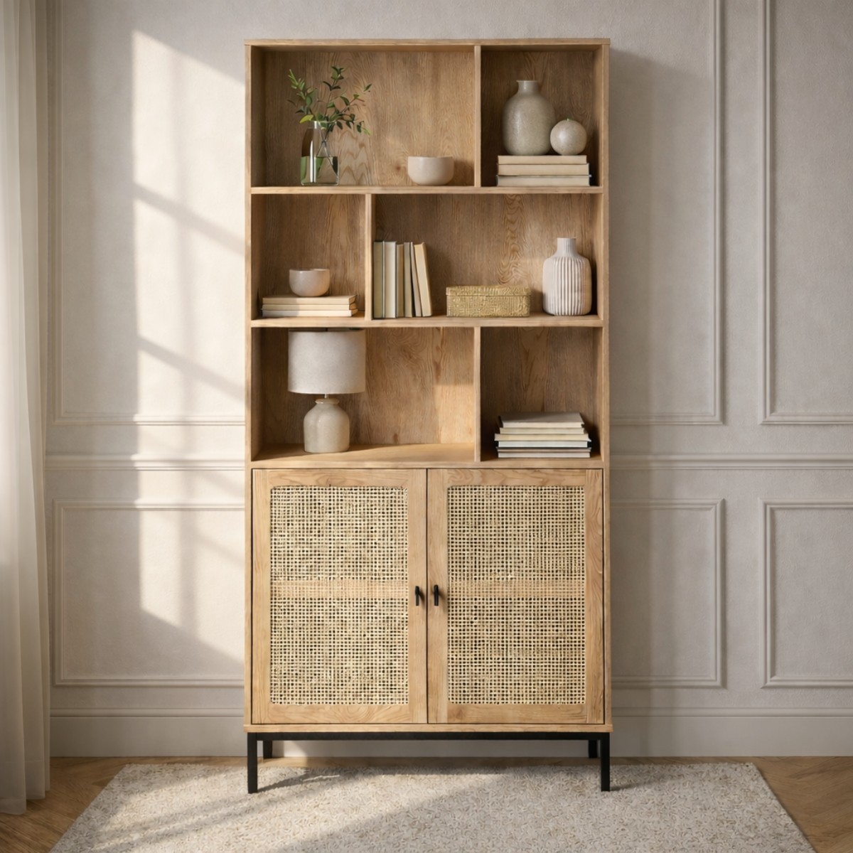 Bibliothèque 6 Cases et 2 Portes en Rotin Naturel H175cm - JAYA bois clair, CALICOSY