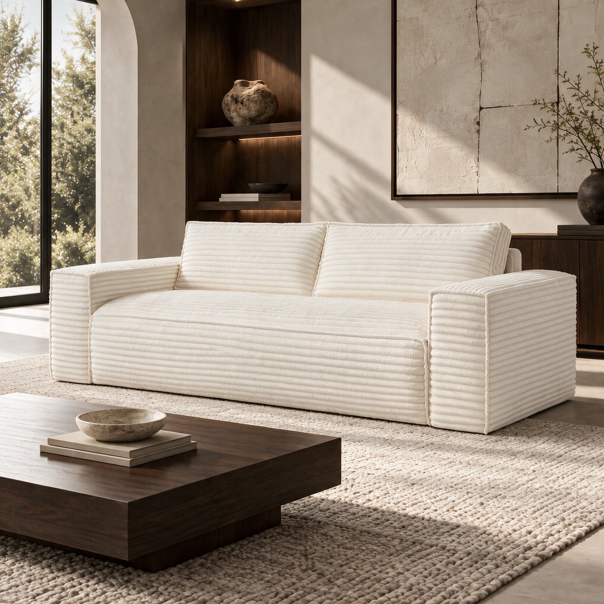 Canapé convertible express 160cm 3 places en velours côtelé JOAN crème, SIA HOME