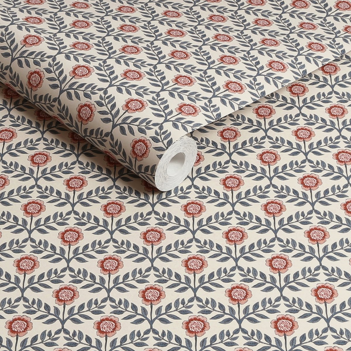 Papier peint Guirlandes fleuries bleu, rose, ocre, JOULES