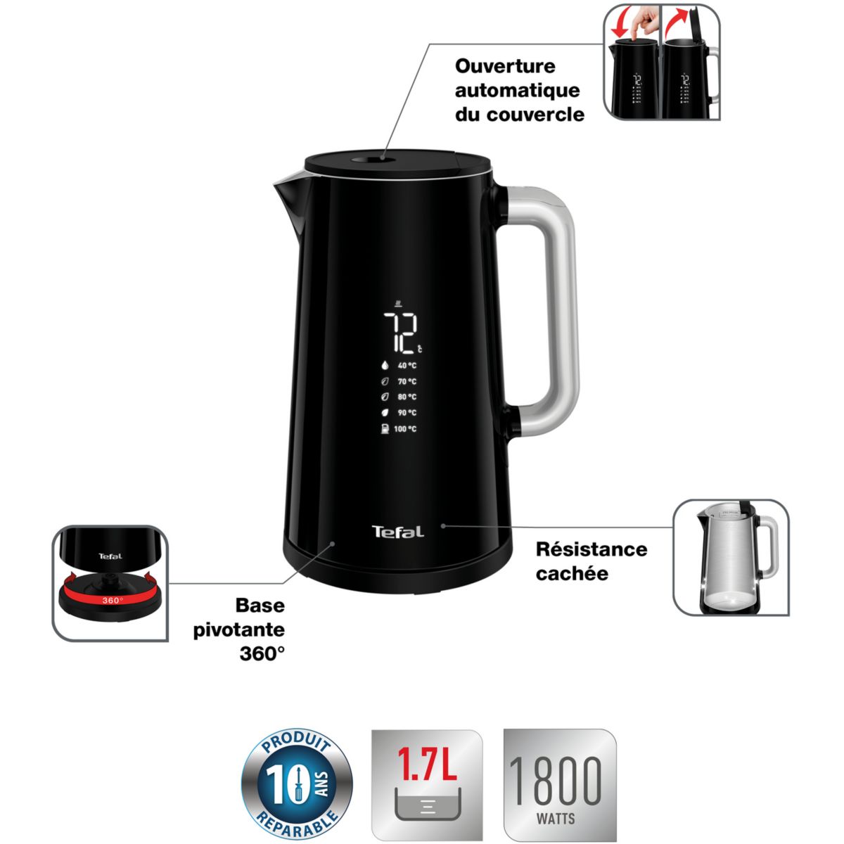 Bouilloire à température réglable KO850810 écran digital sélection temp noir, TEFAL