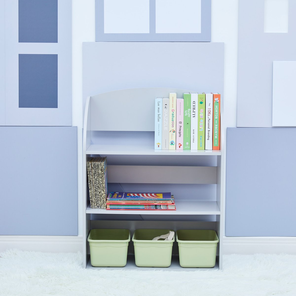 Bibliothèque enfant à 3 niveaux avec étagères ouvertes et sûres, Gris couleur unique, TEAMSON KIDS