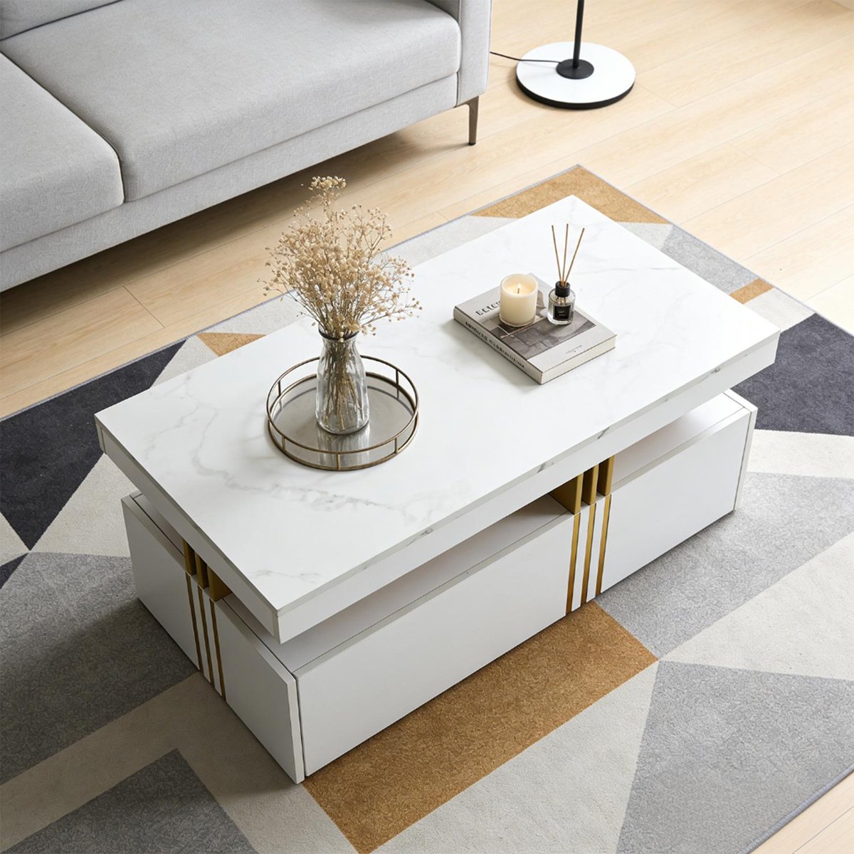 Table basse effet marbre rectangulaire tiroirs, NOVAKM white, MEUBLES COSY
