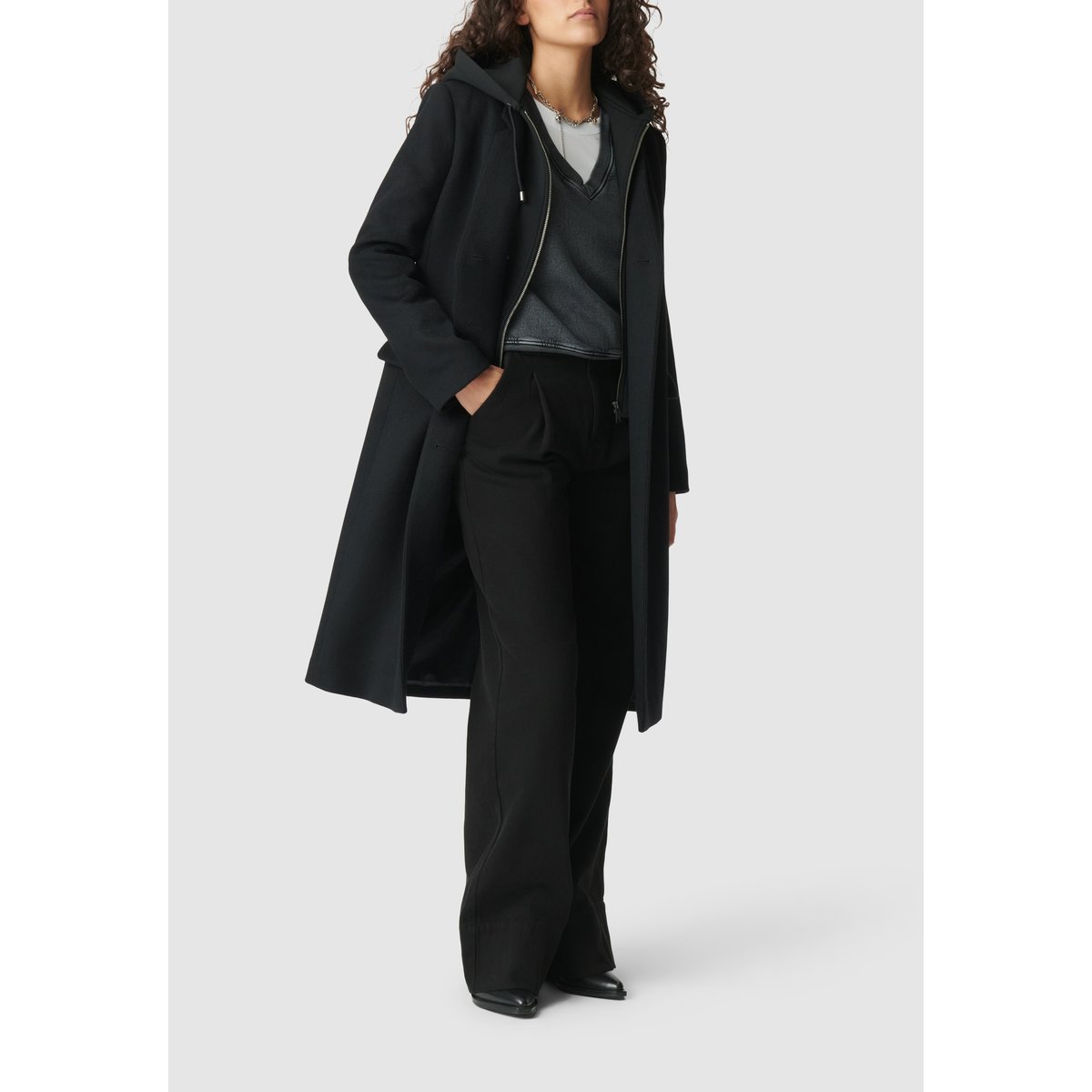 Manteau long parementure à capuche amovible noir, IKKS