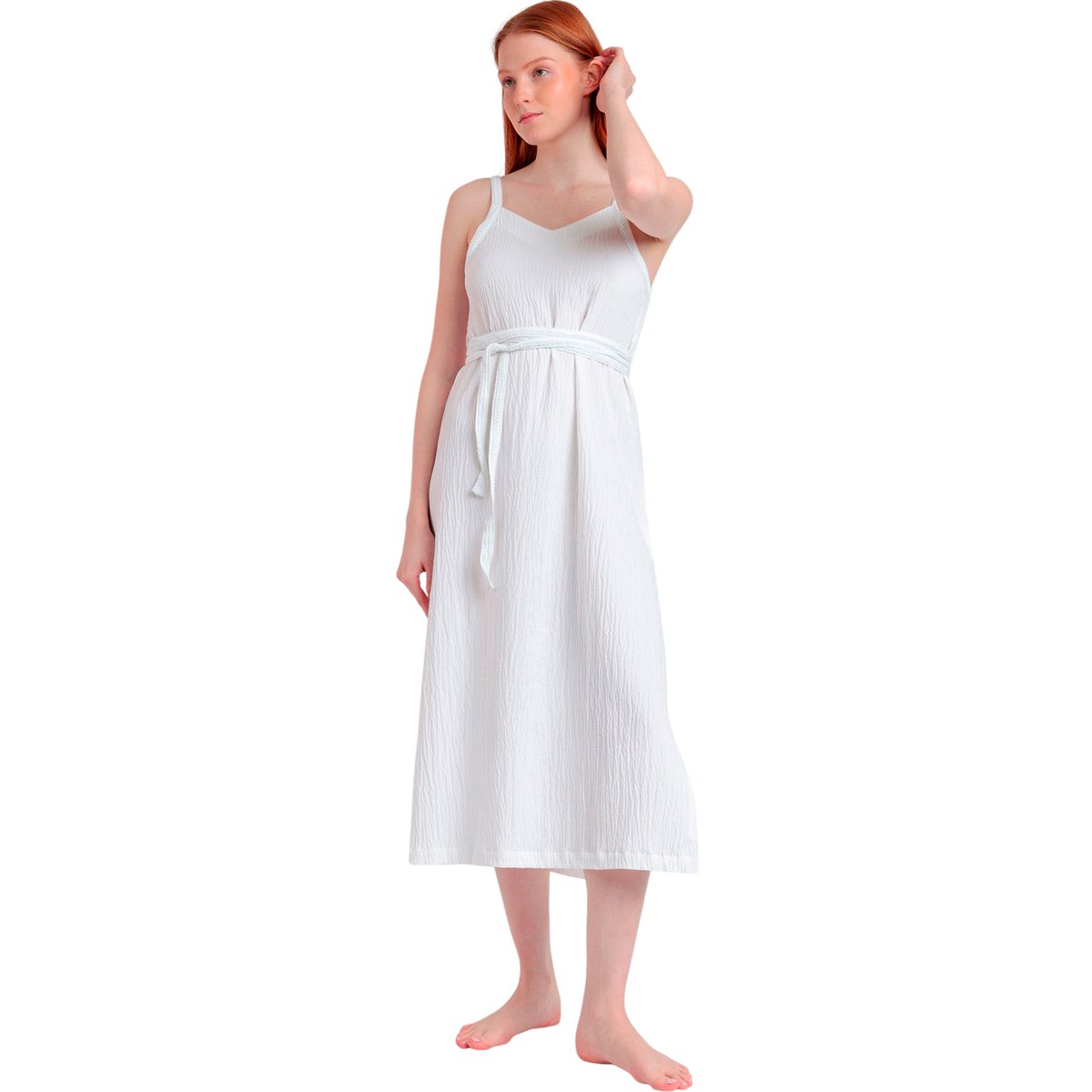 Robe estivale mi-longue fines bretelles Linen Style blanc, ADMAS
