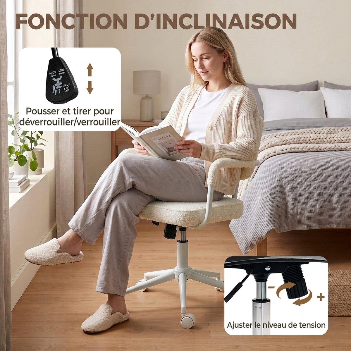 Chaise de bureau Tissu bouclette (100 % blanc crème, HOMCOM