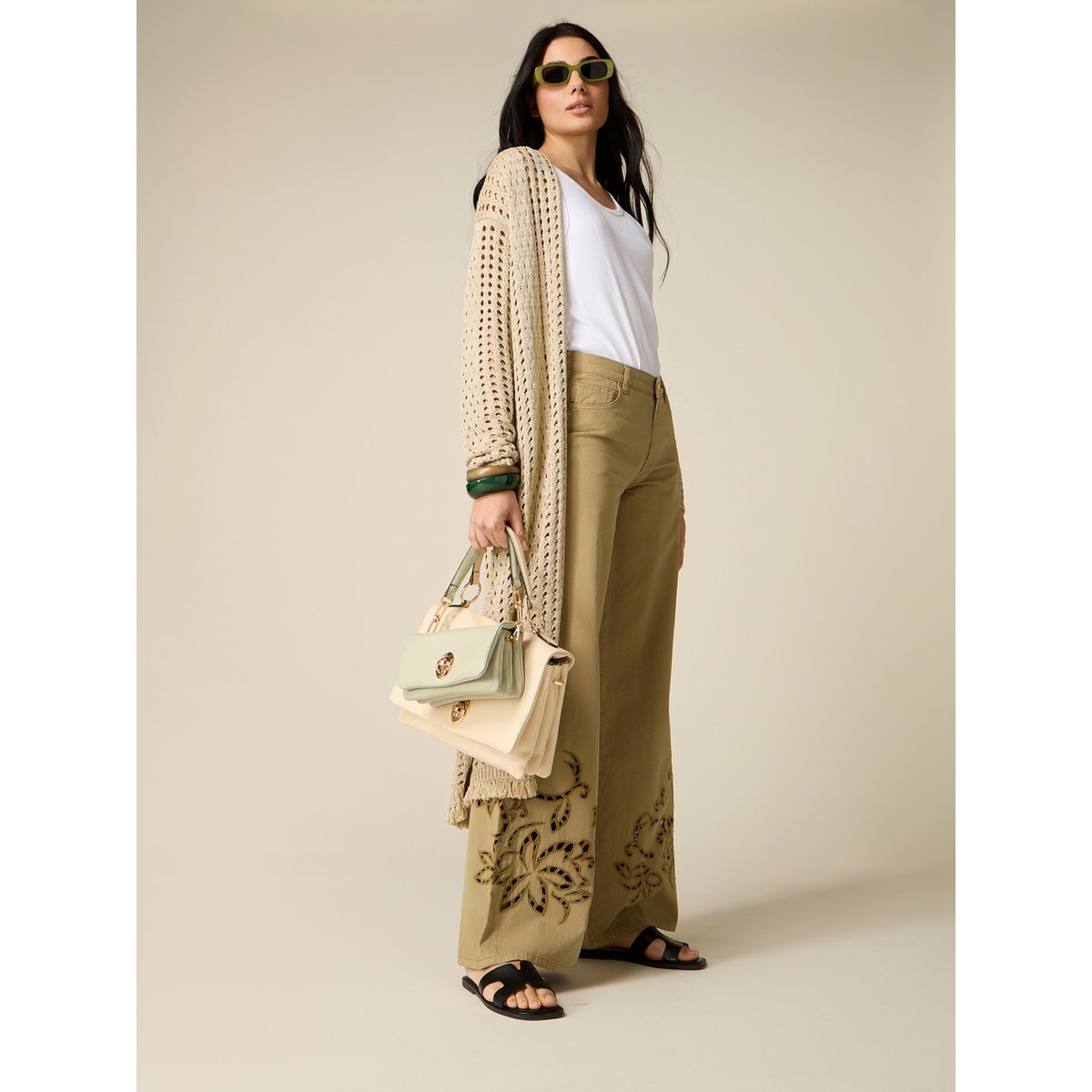 Pantalon palazzo avec broderies see-through verde militare, OLTRE