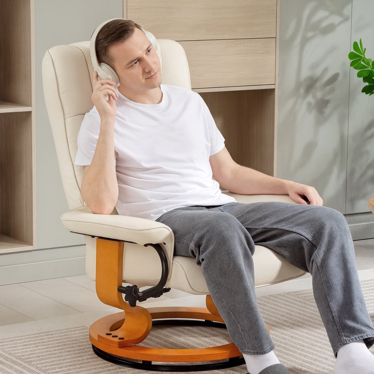 Fauteuil inclinable avec repose-pieds crème, bois naturel, HOMCOM
