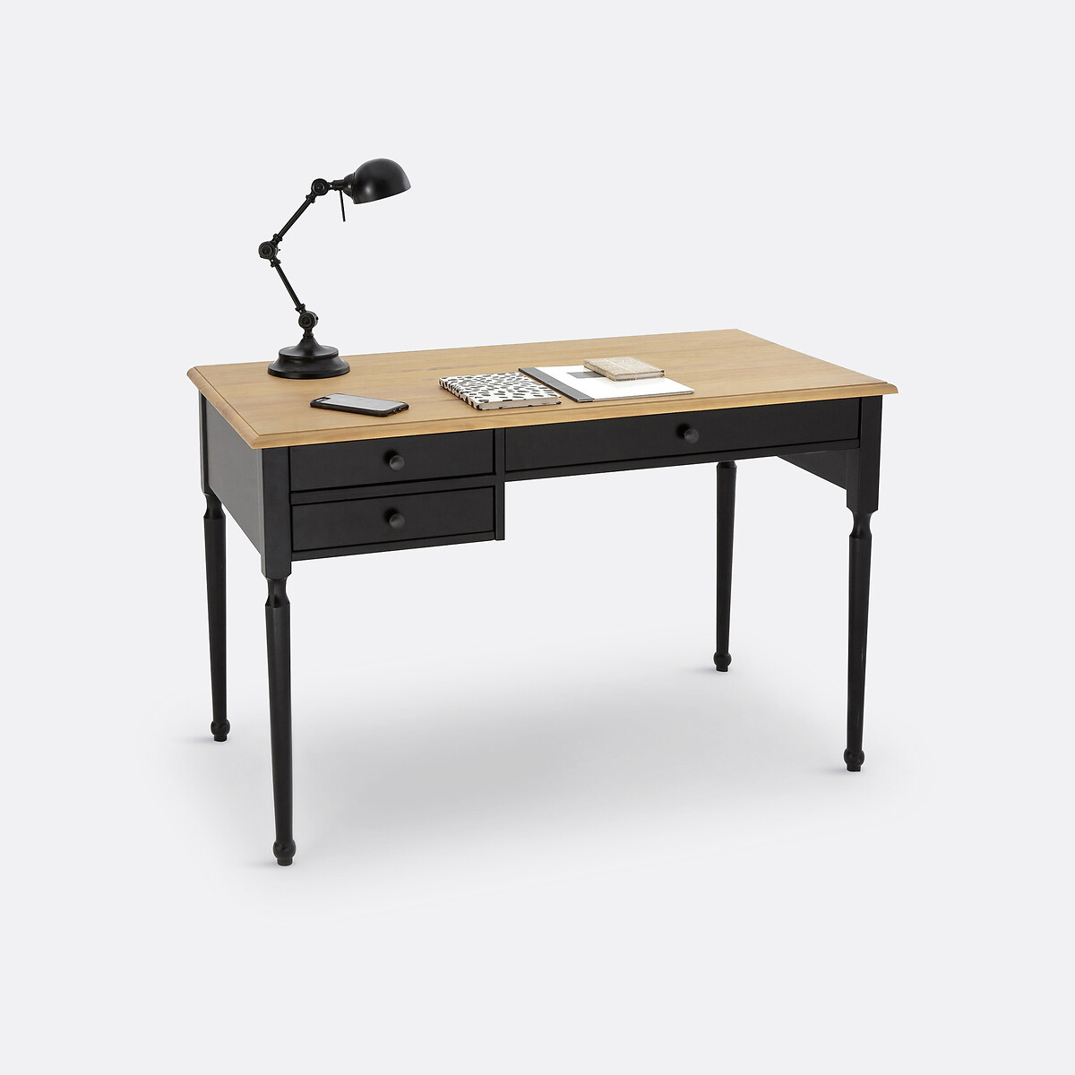 Massief grenen en MDF bureau zwart/hout, LA REDOUTE INTERIEURS