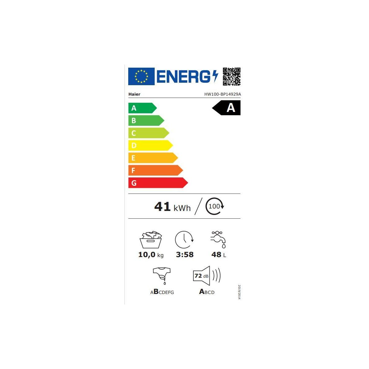 Lave linge hublot HW100-BP14929A-S - 10 kg - 1400 tr/min - Classe A - Moteur induction blanc, HAIER