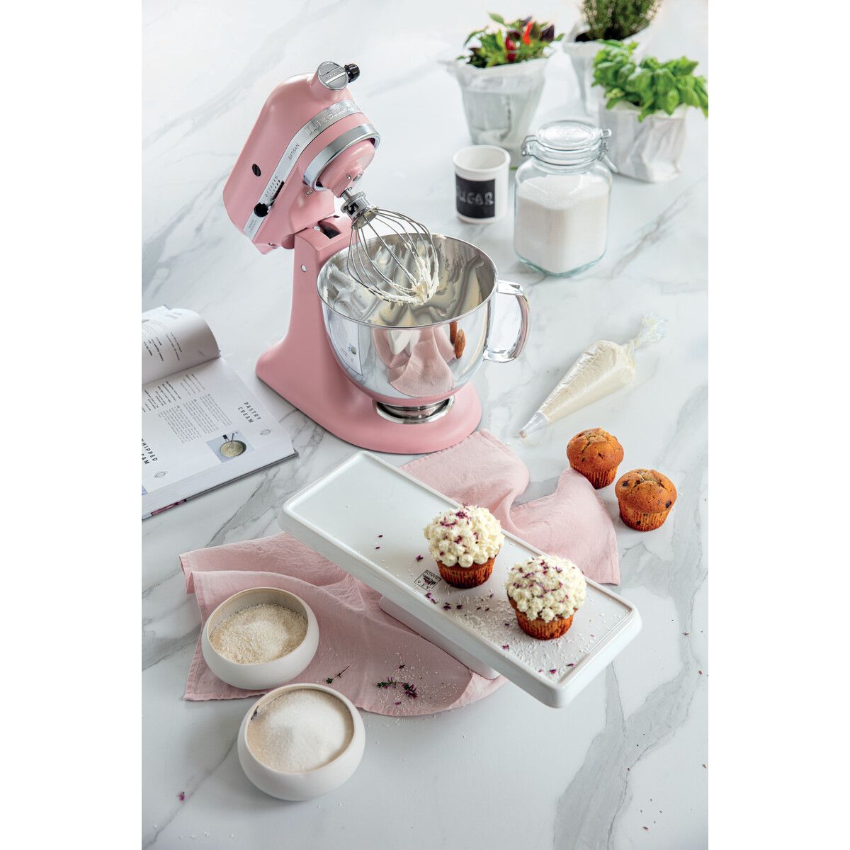 Robot pâtissier 5KSM175PSEDR rose poudré, 4,8 L, bol avec poignée + bol 3 L, batteur souple et couvercle couleur unique, KITCHENAID