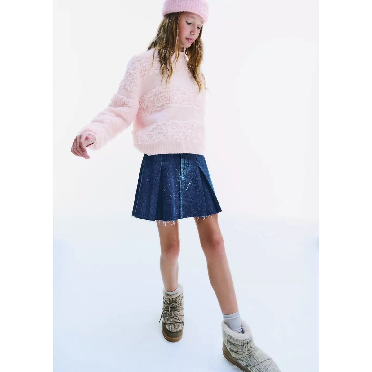 Jupe en jean plissée bleu moyen, MANGO KIDS