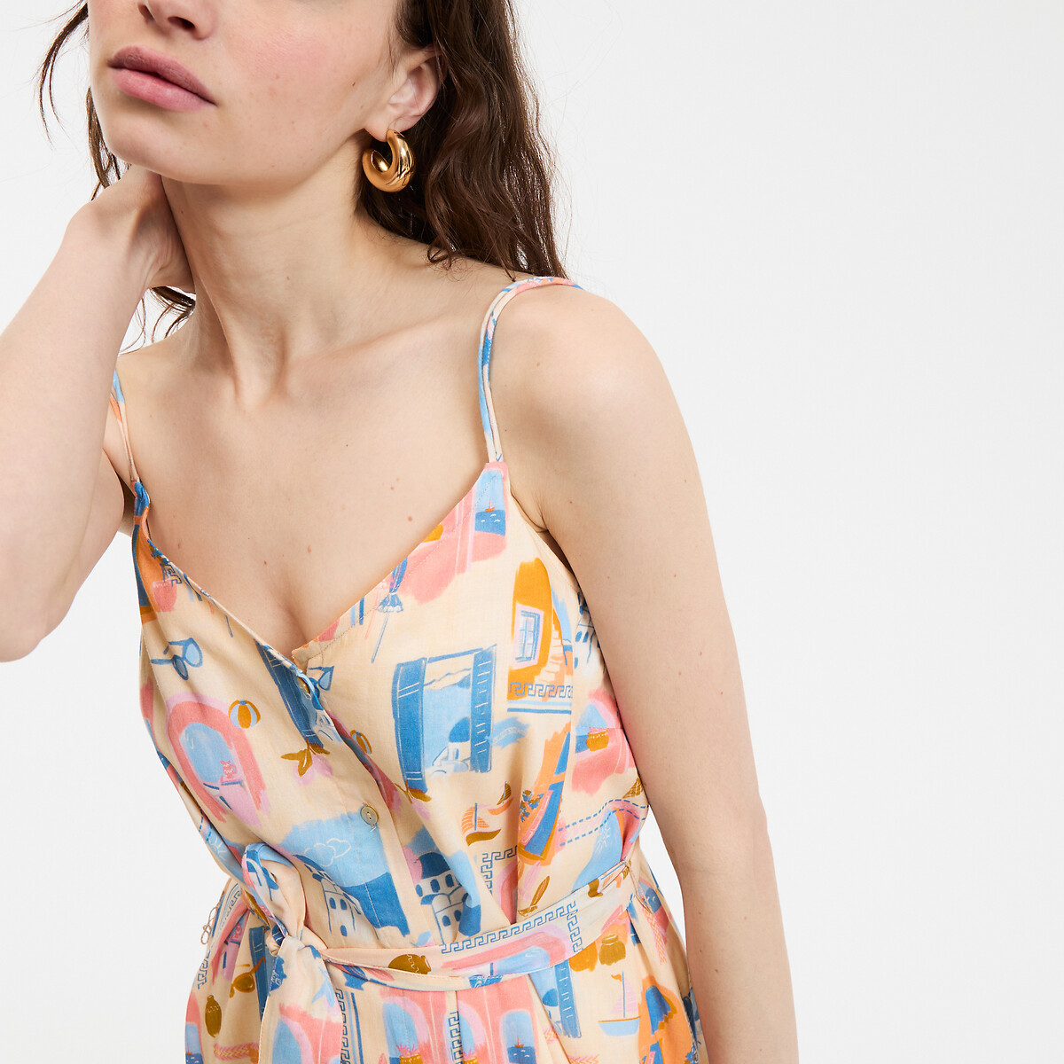 Printed Flared Maxi Dress with Shoestring Straps multi-coloured, LA REDOUTE COLLECTIONS