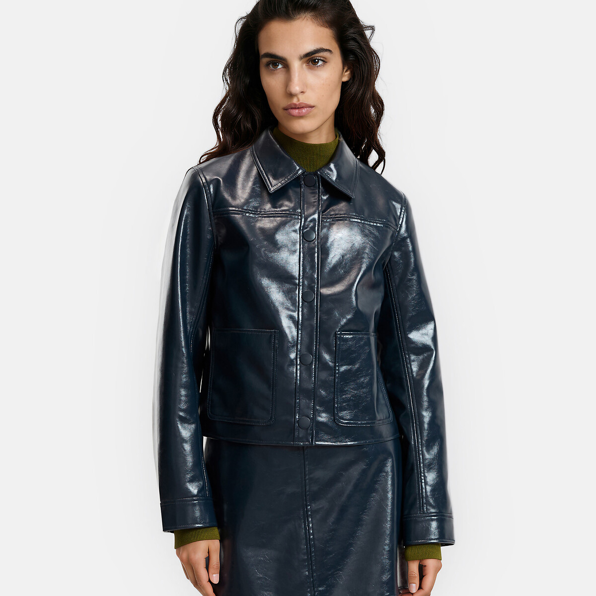 Short Straight Cut Faux Leather Jacket navy blue, LA REDOUTE COLLECTIONS